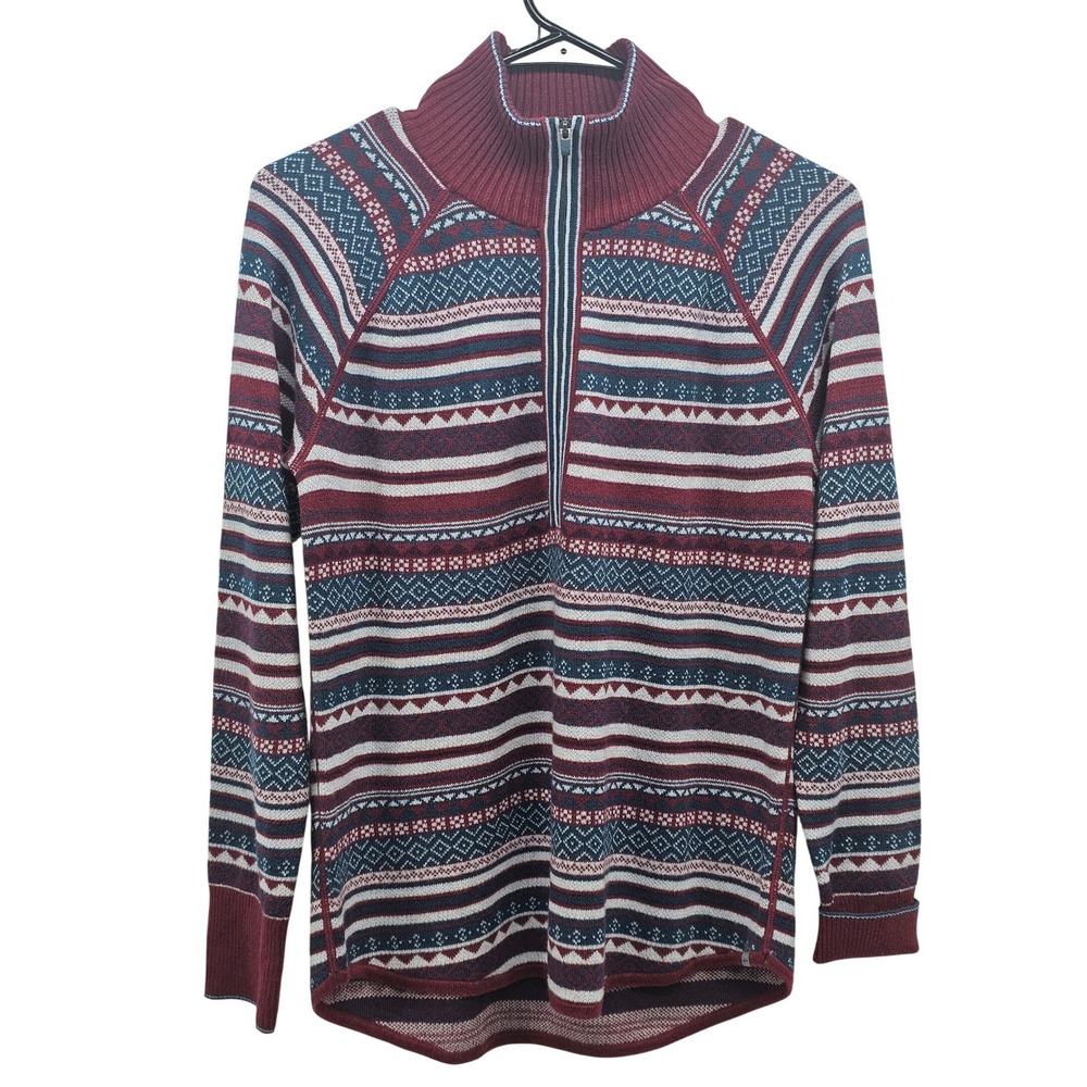 Eddie Bauer Womens Small Fair Isle Quarter Zip Pullover Sweater Burgundy Blue